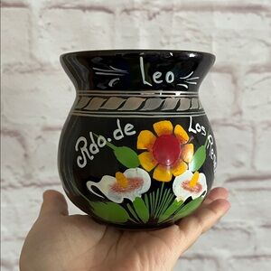 Hand-Painted Black Ceramic Vase with Floral Design